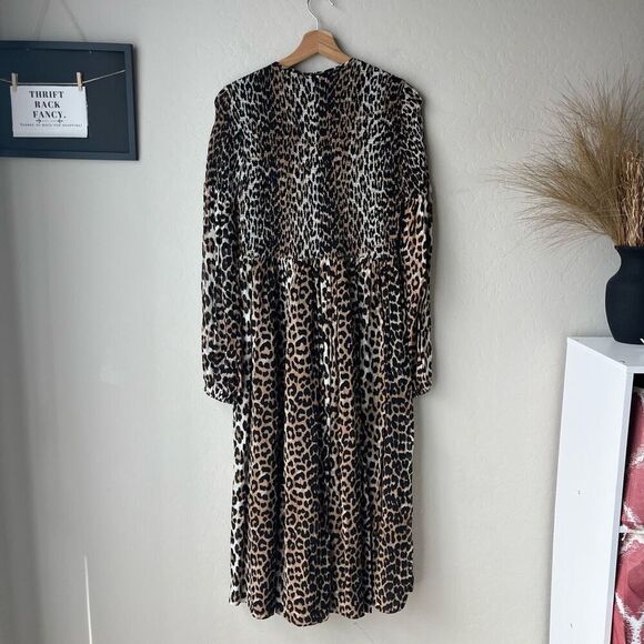 Ganni Leopard Animal Print Brown Georgette Smocked Long Sleeve Midi Dress Size 4 - Picture 9 of 11
